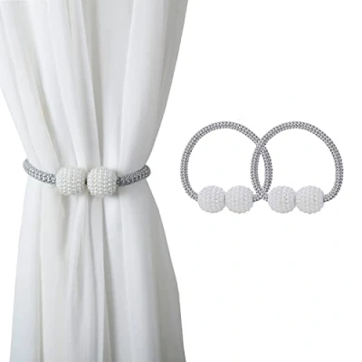 Image of Magnetic Curtain Tie Backs, Clips Rope Holder Buckles Small Bead Buckle Holders for Home Office Hotel Window Decoration (2 PACK, Silver)