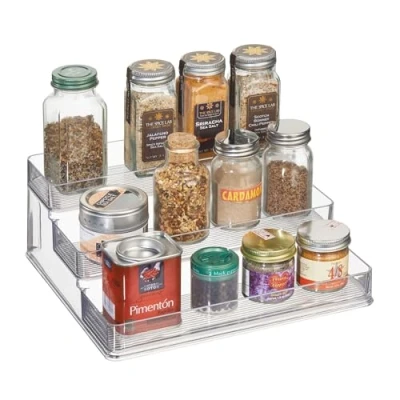 Image of iDesign Spice Rack with 3 Compartments, Medium Size Display Cabinet Organiser Made of Durable Plastic, Compact Kitchen Storage for Jars, Cans and Spices, Clear