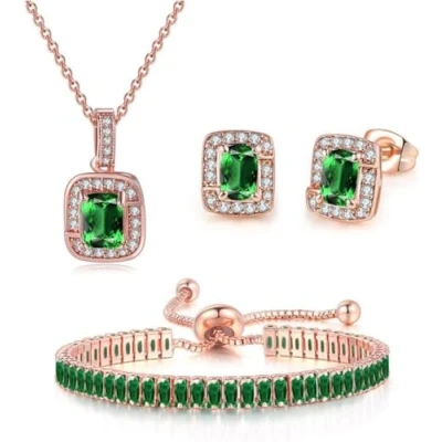 Image of FDEETY Jewellery Set for Women Cubic Zirconia Bridal Pendant Necklace Bracelet and Earrings Gifts Wedding Bride Bridesmaids (Green)