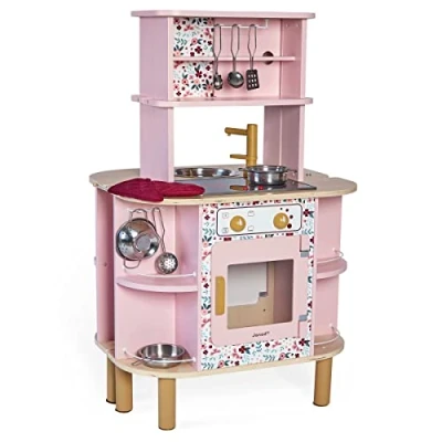 Image of Janod Twist Children’s Wooden Double Sided Kitchen 8 Accessories Included Oven, Rotary Knobs, Sound Effects 3 Years +, J06616, Pink