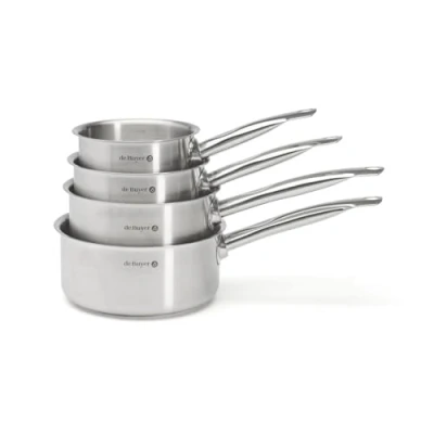 Image of De Buyer Set of 4 PRIM&#039;APPETY Saucepans 14/16/18/20 cm PFAS Free, Professional Grade 18/10 Stainless Steel, Thick Magnetic Base for Mastered Cooking, All Hobs + Oven, Polished Brushed Finish