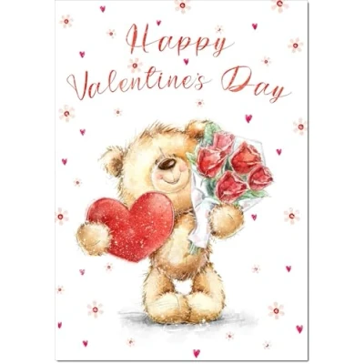 Image of doodlecards Valentine&#039;s Day Card Teddy with Love Heart and Flowers Large A4 Size Plain Envelope
