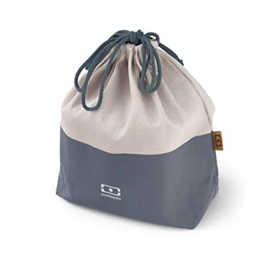 Image of monbento Lunch Bag MB Pochette L Natural Polyester and Cotton Large Tote for Work/School Packing Can Contain a Bento Box + Bottle Cutlery Set Cream &amp; Blue