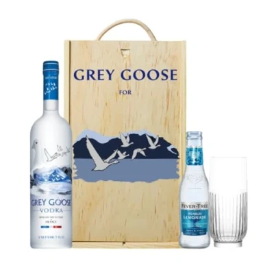 Image of Personalised Grey Goose Vodka Gift Set with Lemonade &amp; Rocks Glass (70cl). Perfect for: Mothers Day Hamper, Gifts for Women and Men, Alcohol Sets Birthday, Fathers