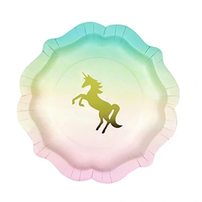 Image of Talking Tables Unicorn Paper Plates Birthday Party Baby Shower, Disposable, Gold and Pastel Colours, Pack of 12, Width 24cm, 9&quot;