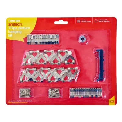 Image of Amtech S5165 Picture Hanging Kit with Hooks, Nails, Wire and Spirit Level 117pc