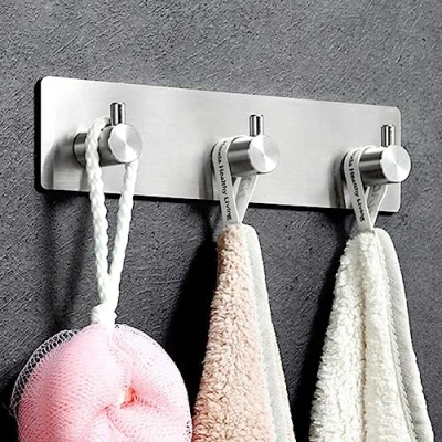 Image of Triple Silver Towel Holder,Self Adhesive,Sticky Hook,Wall,Brushed Stainless Steel,Stick on,3M,Back of Door Hooks,Wall Hooks for Hanging,Bathroom,Towels,Tea Towels,Kitchen,Metal Hooks,Towel