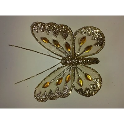 Image of Mesh Glittered Clip On Butterflies 8cm, Gold, Tray of 12