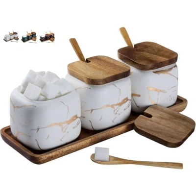 Image of TELANKS Spice Jars Set, 3 Pcs Ceramic Sugar Bowl with Lid and Wood Spoon, 360ml/12oz for Spices Storage, Suitable Home Kitchen, White Marble Pattern (White)