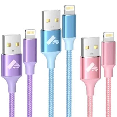 Image of iPhone Charger Cable 2M 3Pack, Lightning MFi Certified Fast Charging Lead Nylon USB to for 14 13 12 11 Pro Max XS XR X 8 7 6 Plus 5 SE,iPad