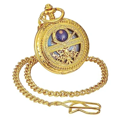 Image of ShoppeWatch Men’s Gold Pocket Watch and Chain Vintage Hand Winding Mechanical Movement Pocketwatch 1920s Railroad Steampunk Cosplay Costume Accessory PW222