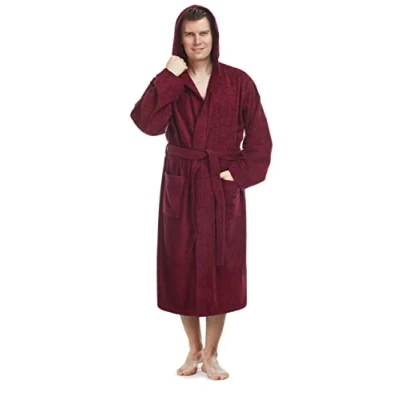 Image of Arus Men&#039;s bathrobe with hood, calf length, 100% cotton terry, man&#039;s size: XXL, unisex XXL 3XL, Burgundy