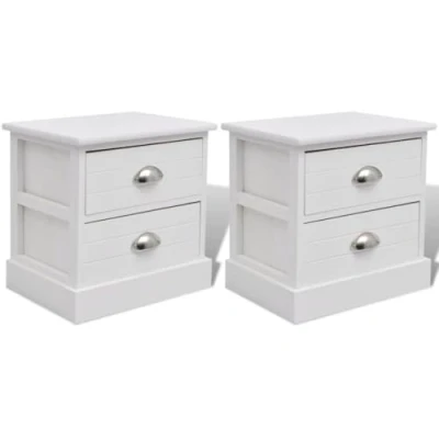 Image of vidaXL French Bedside Cabinets in White Compact Multi Purpose Furniture with 2 Drawers Paulownia Wood, MDF, and Plywood Ideal for Bedroom Living Space Set of