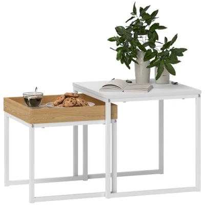 Image of HOMCOM Nesting Coffee Table Set of 2, Modern Nest Tables, Square Sofa Side Tables with Steel Frame for Living Room, Bedroom, Small Space, White