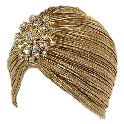 Image of EORUBE Vintage Turban Hat with Crystal Brooch Feather Headwraps for 1920s Gatsby Costume Cocktail Party (Brooch Style 1 Gold)