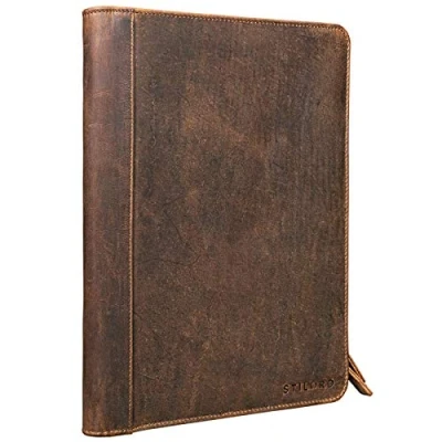 Image of STILORD &#039;Julius&#039; Vintage Conference Folder A4 Leather Brown Portfolio Document Sophisticated Design fit for 12 inch Tablets Genuine Leather, Colour:Middle