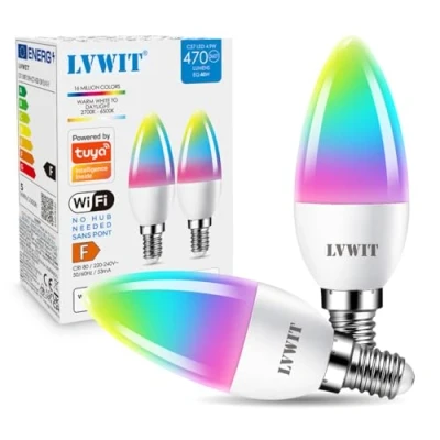 Image of LVWIT E14 Smart Candle Bulb Screw, 5W WiFi RGB Bulb,470Lm,Replace 40 Watt,Compatible with Alexa,Echo and Google Assistant,Remote Control by APP,220 240V, No Hub Required (2 PCS)