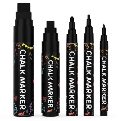 Image of 5 Black Chalkboard Chalk Pens Dry Erase Markers for Blackboard, Signs, Windows, Glass Variety Pack Fine &amp; Jumbo Size Ink Pen (1mm, 3mm, 6mm, 10mm, 15mm)