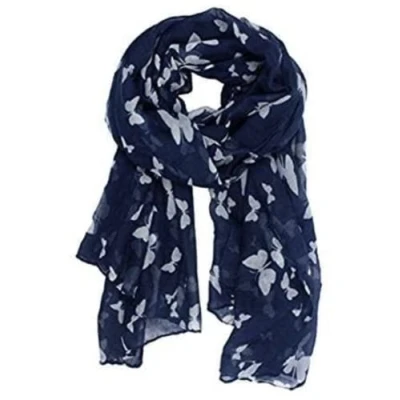 Image of UK Seller!!! New Butterfly Print Ladies Celebrity Style Long Scarves Maxi Scarf, Stole, Wrap, Sarong, shawls. (Navy Blue/White)