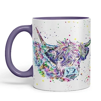 Image of Vixar Highland Cow Scottish Farm Animals Watercolour Art Coloured Mug Cup Gift Birthday Work Office Tea Coffee (Purple)