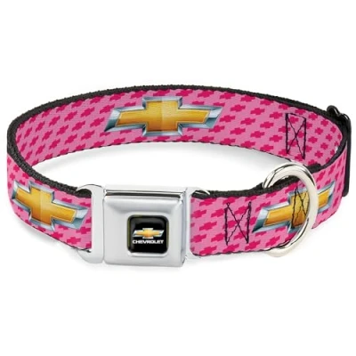 Image of Buckle Down Seatbelt Dog Collar Chevy Gold Bowtie w/Logo PINK 1.5&quot; Wide Fits 18 32&quot; Neck Large
