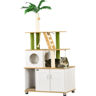 Image of PawHut Cat Tree with Hidden Litter Box Enclosure, 2 in 1 Green Leaf Tower Furniture House, Ladder, Scratching Posts and Platforms, for Indoor Use, Oak