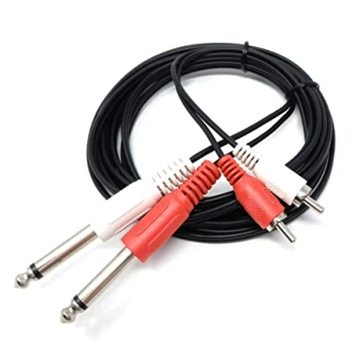 Image of DRUT 3m, Twin 6.35mm MONO Jack Plugs to 2 x RCA Phono OFC Audio Cable Male Lead (10ft)