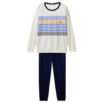 Image of United Colors of Benetton Men&#039;s Pig(Shirt+Pant) 3VD04P02D Pajama Set, White, L