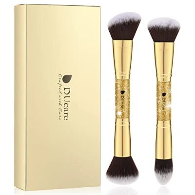 Image of DUcare Makeup Brushes Foundation 2Pcs Duo End Powder Buffer and Contour Synthetic Cosmetic Tools