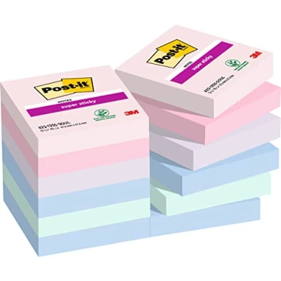 Image of Post it Super Sticky Notes Soulful Color Collection, Pack of 12 Pads, 90 Sheets per Pad, 47,6 mm x mm, Pink, Purple, Green, Grey, Blue Extra For Note Taking &amp; To Do Lists