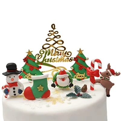 Image of Christmas Cake Decorations Toppers (10 Piece Deluxe Set) Cupcake Topper Decoration Pieces Merry