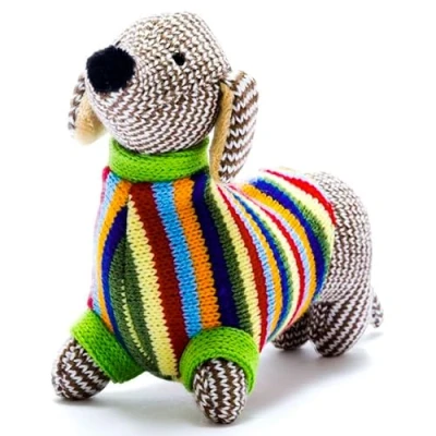 Image of Knitted Sausage Dog Baby Rattle with Stripe Jumper, Suitable from Birth