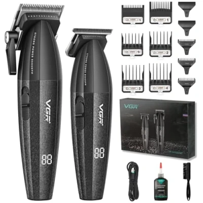 Image of VGR 640 Professional Hair Clippers for Men, Cordless Barber and Trimmers Set, Zero Gap T Blade Cutting Kit, DLC Coated Ceramic Premium Gift Kit with LED Display(Black)