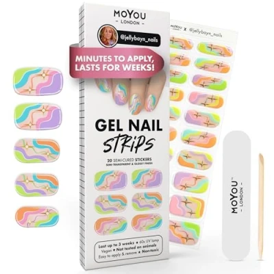 Image of MOYOU LONDON Semi Cured Gel Nail Strips 20 Pcs. Wraps for Salon Quality Manicure Works with Any UV Lamp Easy to Apply, Trim, &amp; Remove Stickers