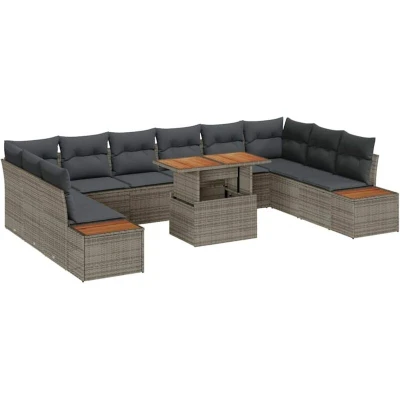 Image of vidaXL 11 Piece Garden Dining Set with Cushions Grey Poly Rattan Acacia