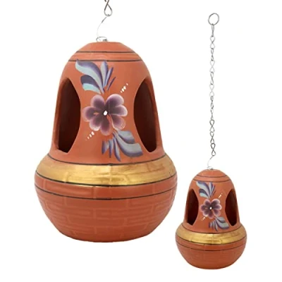 Image of Garden Bird House Hanging Clay Nesting Nest Cage Box Decorative for Wild Small Birds Sparrows Blue Tit Robin Wall Terracotta (Painted Acorn Shape)