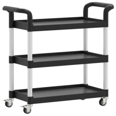 Image of vidaXL 3 Tier Trolley Black Multipurpose Aluminium Kitchen Cart with Rubber Wheels, Lockable, 77x34x72 cm for Storage and Organization