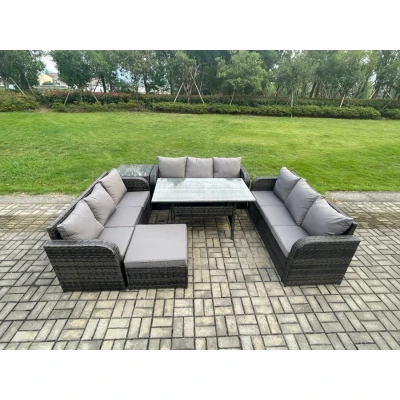 Image of Patio Rattan Garden Furniture Set with Oblong Rectangular Dining Table Big Footstool Side 10 Seater Outdoor Lounge Sofa Dark Grey Mixed