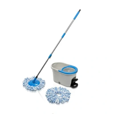 Image of Addis Dual action Microfibre Spin mop and Bucket Set with spare head, Fast turbo twin for cleaning floors, Mop, additional Grey Blue