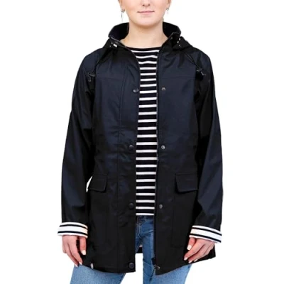 Image of Breizh Ocean Guidel women&#039;s waterproof mackintosh, rainwear with hood, heat sealed, seams. Lined sailor style stripes. (Light pink, XS)
