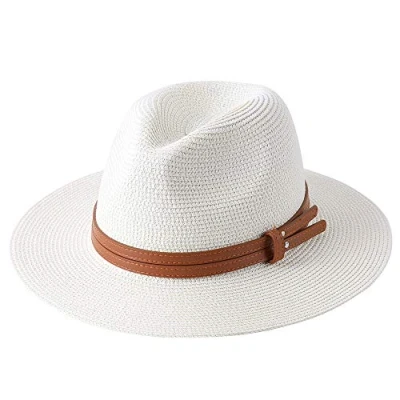 Image of Natural Panama Soft Shaped Straw Hat Summer Women Men Wide Brim Beach Sun Cap UV Protection Fedora Hat, White1, One Size