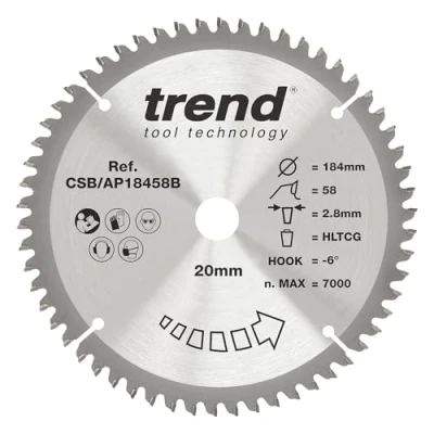 Image of Trend Aluminium &amp; Plastic Circular Saw Blade, 184mm Diameter, 16mm Bore, 58 Teeth, TCT, 2.8mm Kerf, 6 Hook, CSB/AP18458