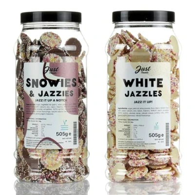 Image of Just Treats Snowies &amp; Jazzies and White Chocolate Sweet Gift Jars of A Sprinkle Topped Duo Fun. 28,31