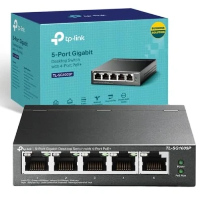 Image of TP Link 5 Port Gigabit Desktop PoE Switch with 4 PoE+, 65 W for all ports, Metal Casing, Plug and Play, Ideal IP Surveillance Access Point(TL SG1005P)