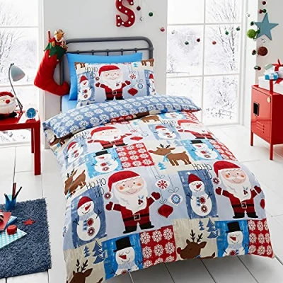 Image of Happy Linen Company Boys Girls Kids Christmas Santa Patchwork Blue Single Reversible Duvet Cover Bedding Set