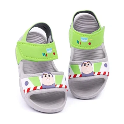 Image of Disney Toy Story Buzz Lightyear Kids Sandals Boys Sliders with Supportive Strap Green &amp; Grey Summer Pool Play Shoes for Toddlers Slip on Beach Footwear Fun Merchandise Gift Children