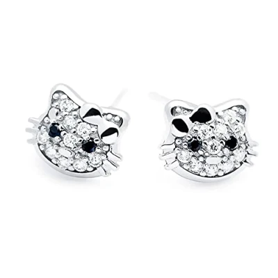 Image of Findout Hello Kitty Earrings 925 Sterling Silver Pave Zirconia Cute Cat Stud for Women and Girls Birthday Gift (F512)