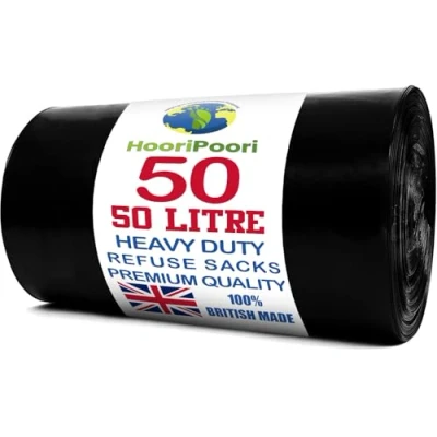 Image of HooriPoori 50L 50 Bin Bags Heavy Duty Liners, Black Plastic Refuse Sacks large Garbage Waste Dustbin for Kitchen Home Office DIY Garden from 100% Recycled Material