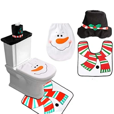 Image of SHATCHI Christmas Snowman Toilet Seat Cover and Mat Bathroom Set Xmas Home Decor Party Accessories 3pcs, White