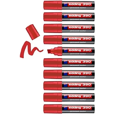 Image of edding 390 permanent marker black box of 10 wide chisel nib 4 12 mm waterproof, quick drying multi purpose marker, universal pen for cardboard, plastic, wood, metal, glass, pebbles, canvas